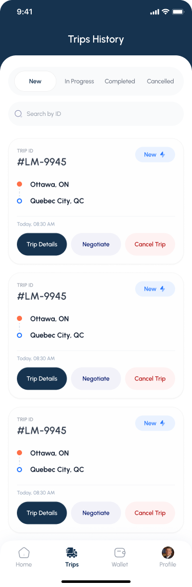 تطبيق سائق Backway يعرض سجل الرحلات المكتملة والسابقة
