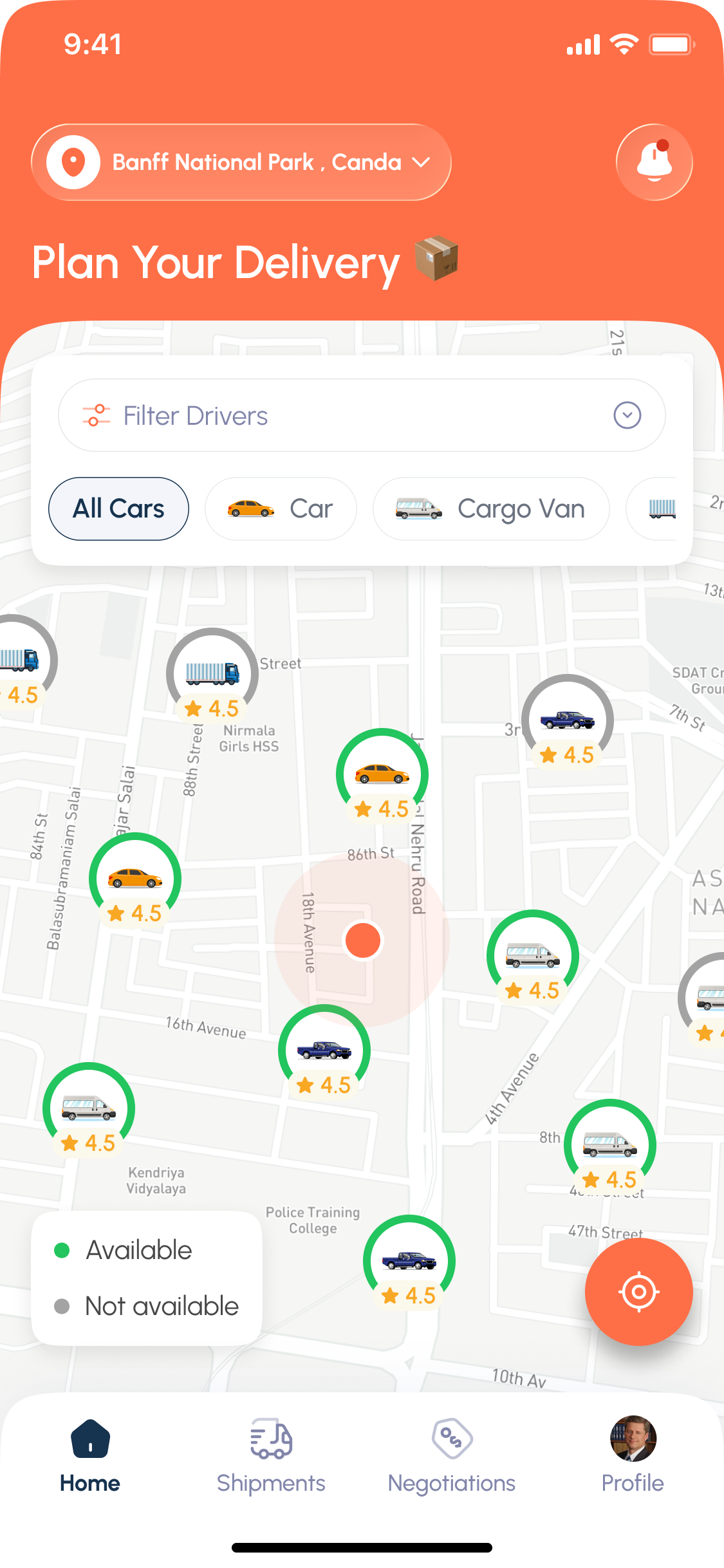 الشاشة الرئيسية لتطبيق عميل Backway تعرض الرحلات المتاحة وإجراءات الشحن السريعة