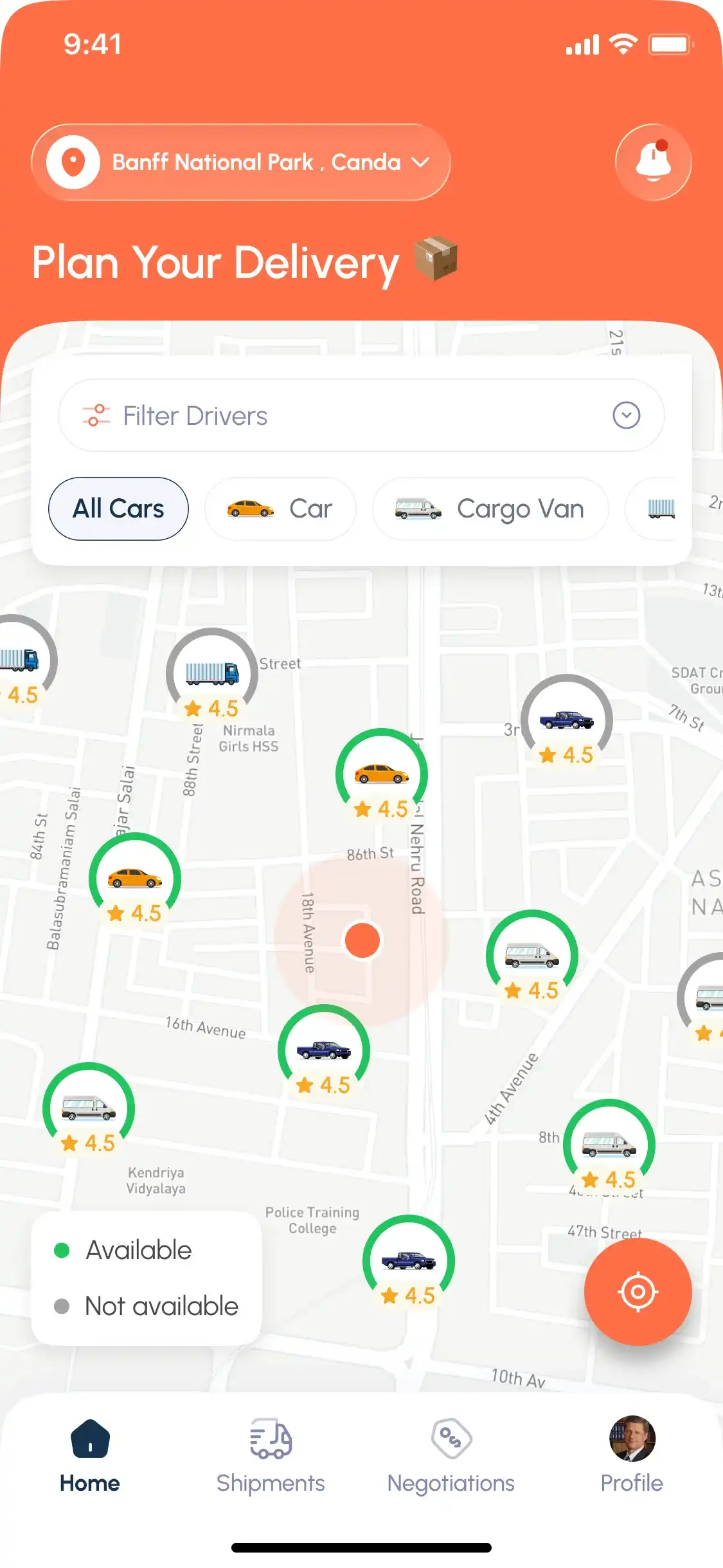 الشاشة الرئيسية لتطبيق عميل Backway تعرض الرحلات المتاحة وإجراءات الشحن السريعة