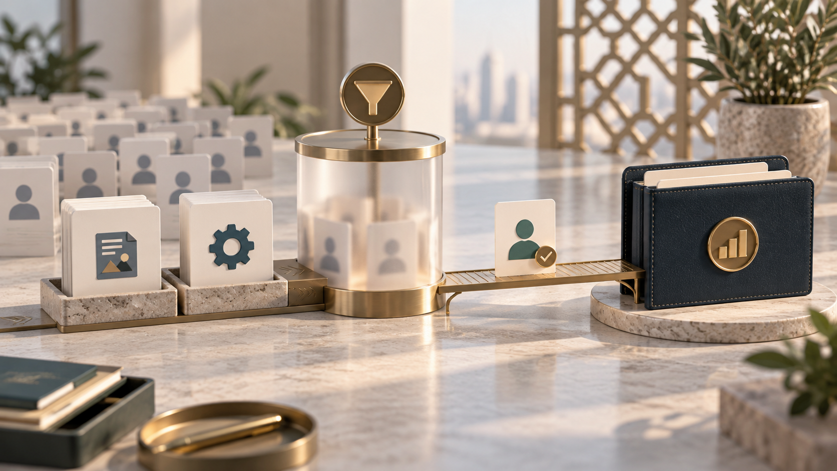 خمس مراحل تربط فهم مشكلة العميل بتقييم الخدمة ثم الطلب والتأهيل وفرصة البيع، مع مسؤول ومعيار انتقال لكل مرحلة